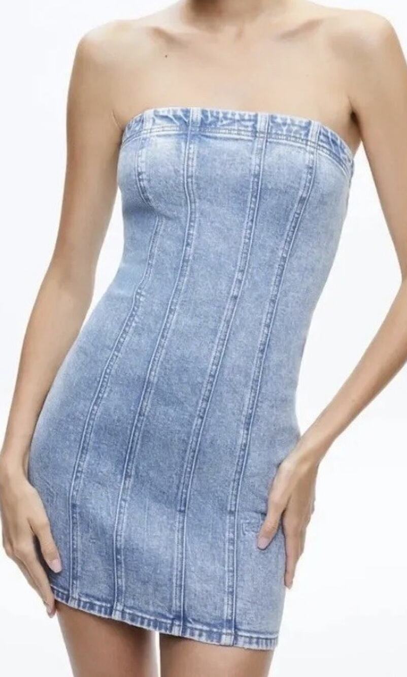 Alice + Olivia Palmer Strapless Denim Mini Dress 0 NWT Rocky Blues Acid Wash Zip